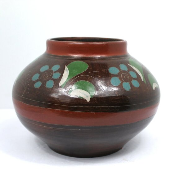 MEXICAN FOLK ART BURNISHED CLAY POTTERY POT HAND-PAINTED FLORAL RED GREEN WHITE - Picture 4 of 8